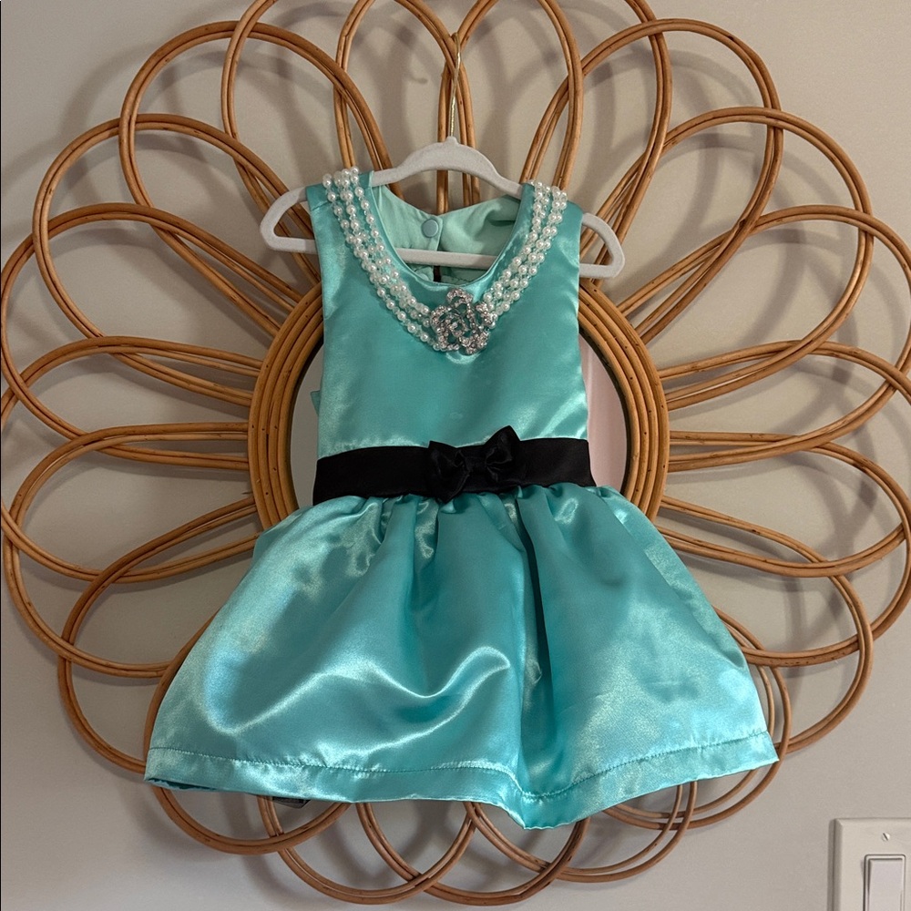Charming Turquoise Kids Dress with Black Bow